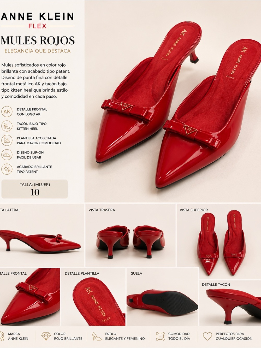 Anne Klein Red Patent Pointed-Toe Kitten Heel Mules
